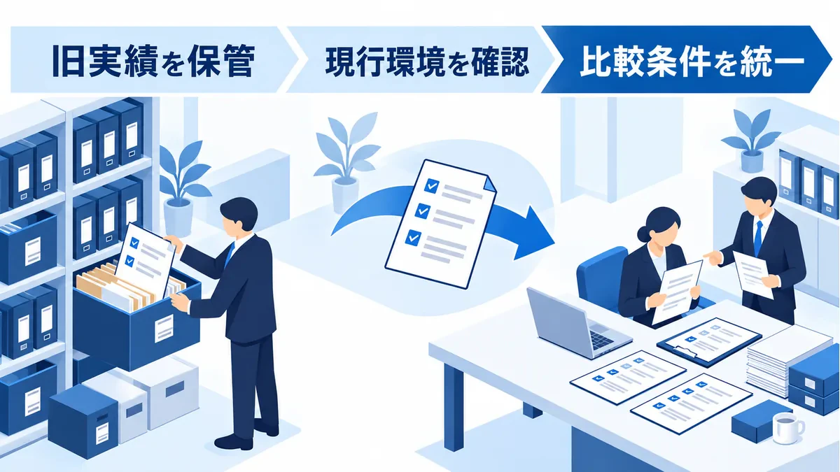 旧実績を保管し、現行の配信環境と比較条件を確認する流れ