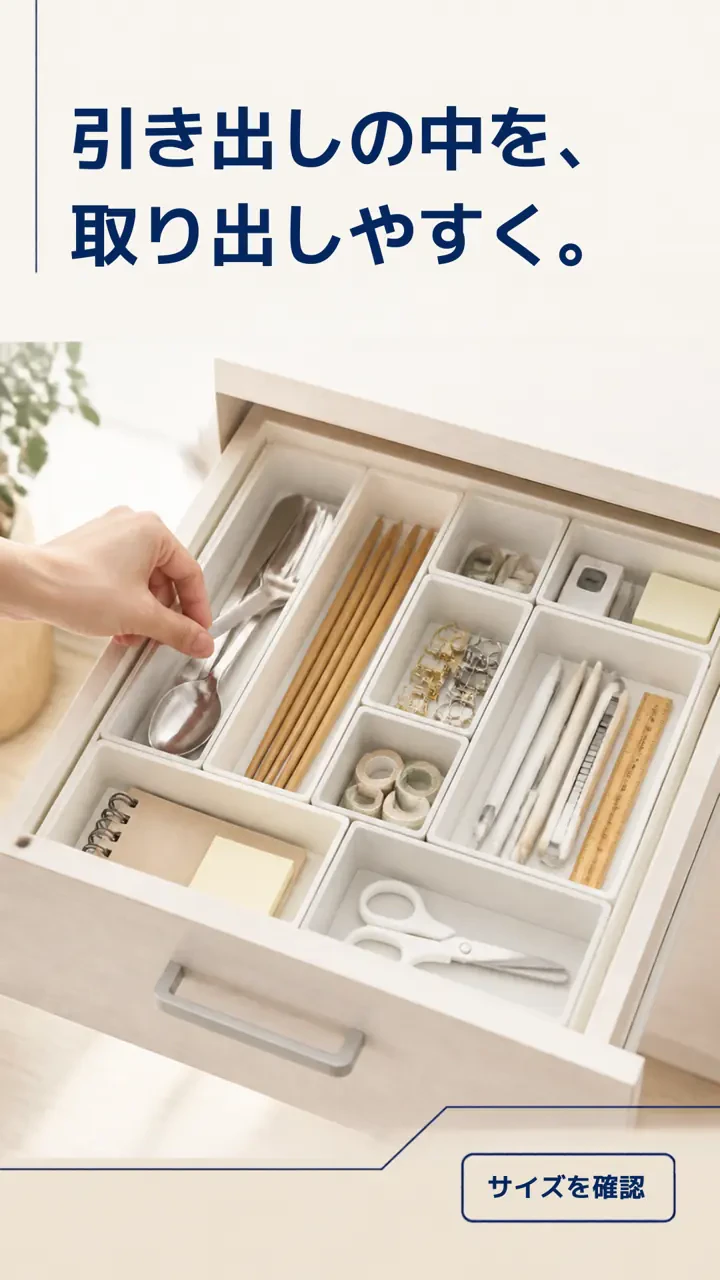 仕切り付き収納用品を入れた引き出しからスプーンを取り出す場面と、取り出しやすさを伝えるコピー、サイズ確認の案内