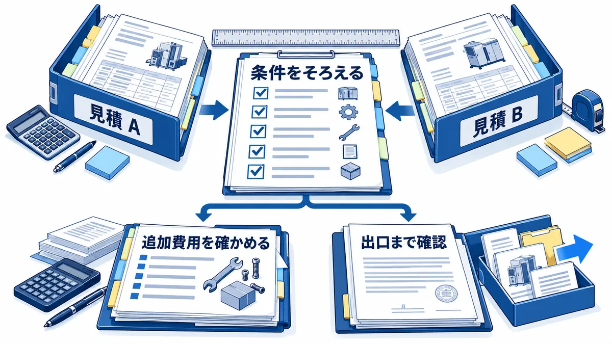 共通条件で見積もりをそろえ、追加費用と終了条件を確認する図