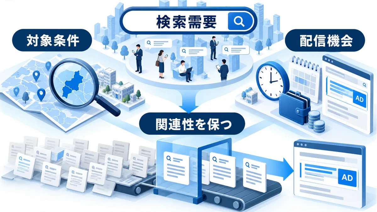 検索需要を対象条件と配信機会に分け、関連する検索語句を広告へつなぐ構造