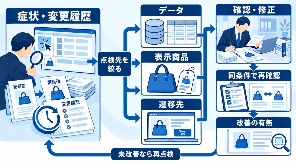 症状と変更履歴からデータ・表示商品・遷移先の点検先を分け、修正後は同じ条件で再確認し、未改善なら再点検する