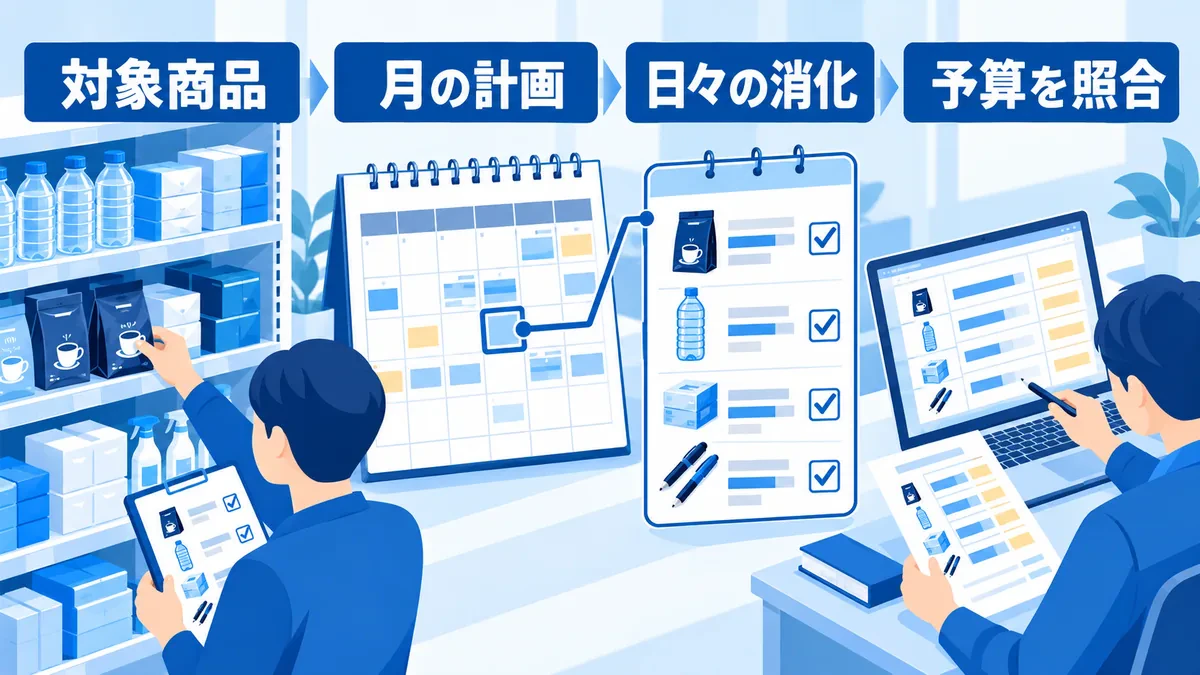 対象商品の在庫、月の計画、日々の消化額を照合して予算を管理する流れ