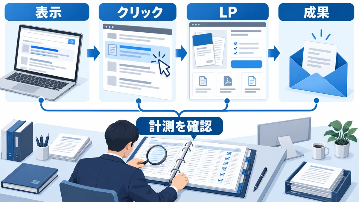 表示からクリック、LP、成果へ進む流れと、各段階の計測記録を照合する関係