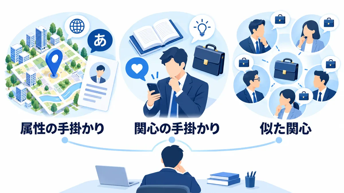 地域や言語などの属性、投稿への反応による関心、アカウントのフォロワーに似た関心という判断根拠の違い。