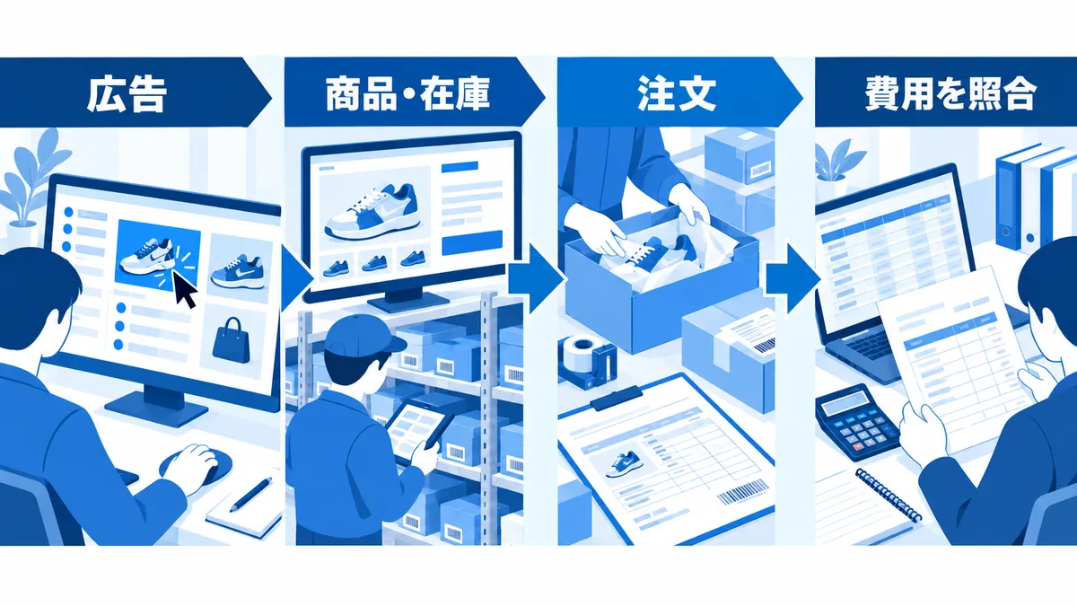 広告のクリック記録、商品ページと在庫、注文、費用台帳を照合して課題を確認する流れ