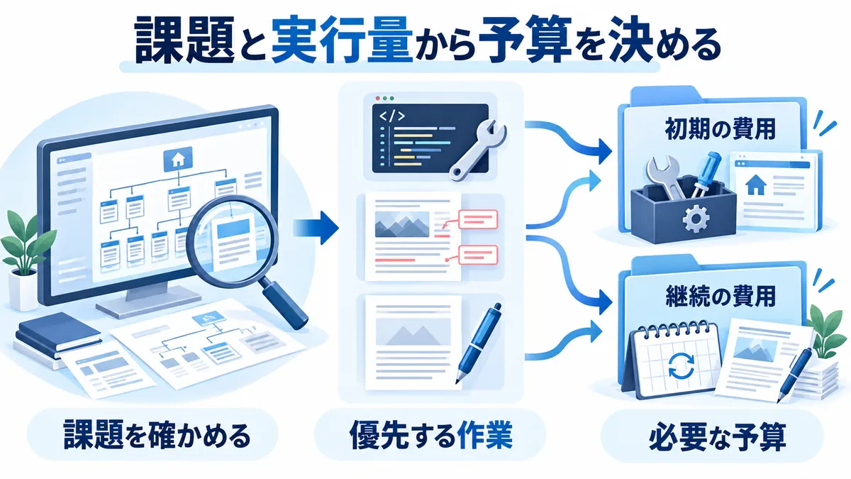 サイトの課題から優先作業を選び、初期費用と継続費用へ分けて予算を考える図
