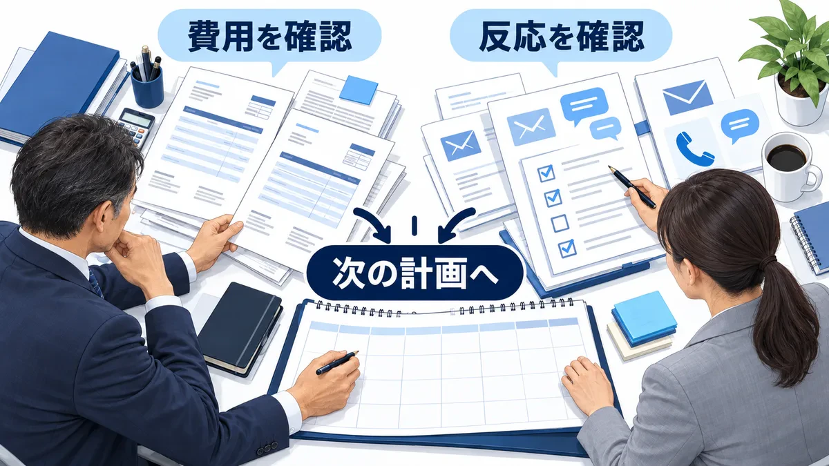 費用明細と問い合わせなどの反応記録を照合し次の配信計画へ反映する図