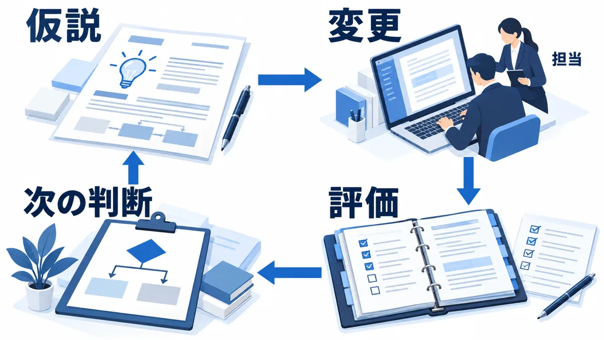 仮説を立てて担当が変更し、評価から次の判断を経て仮説へ戻る改善の循環