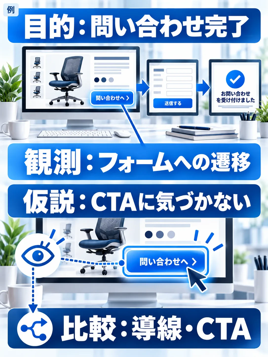 問い合わせ完了を目的に、商品ページからフォームへの遷移を観測し、CTAを優先比較する例