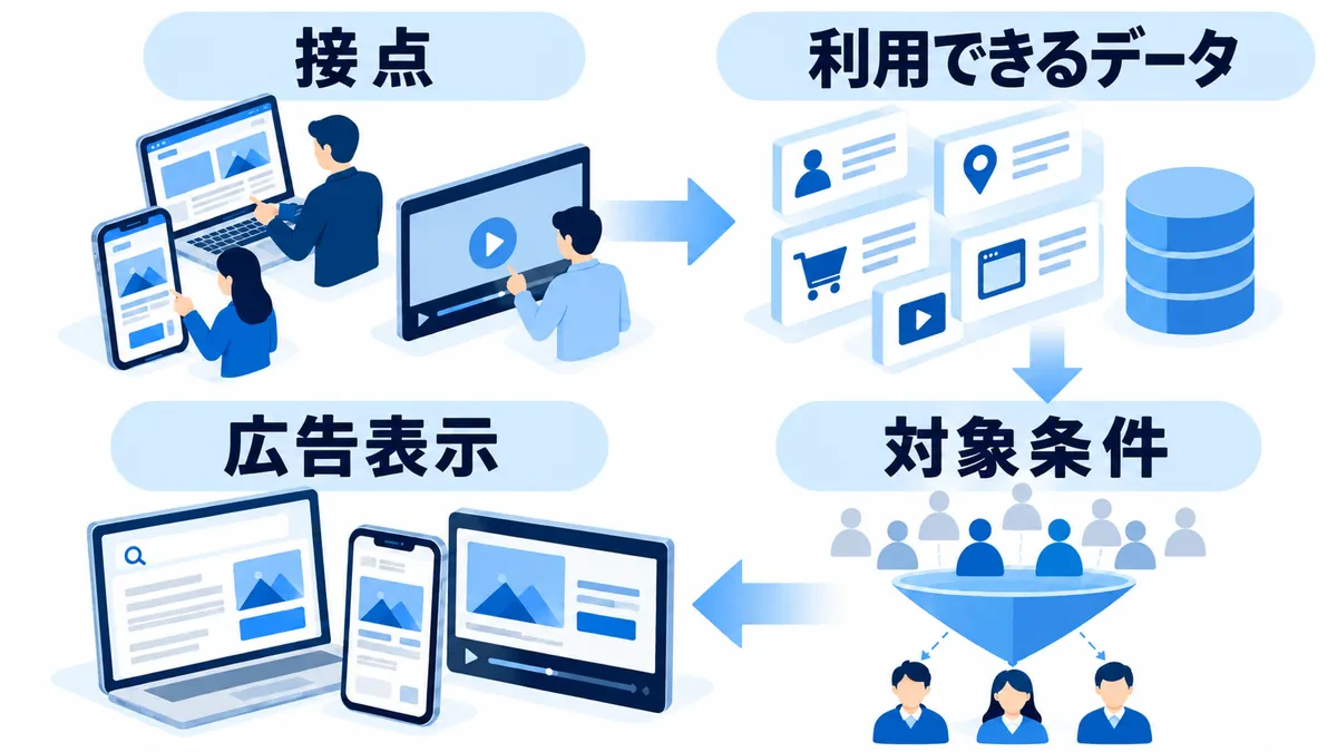 過去の接点から利用できるデータ、対象条件、広告表示へつなぐ仕組み