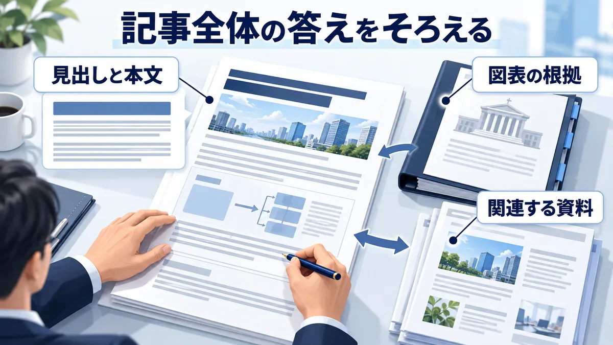 タイトルの約束と本文の回答、図表の根拠、リンク先の内容を一致させる。
