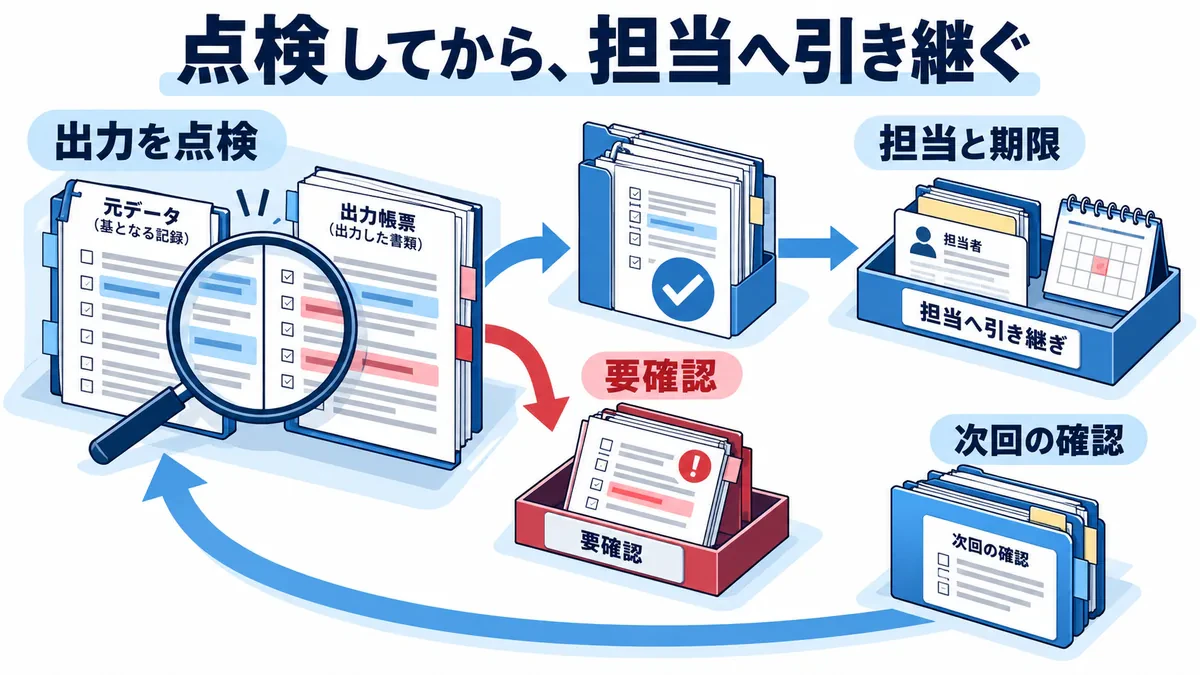 原本と出力を照合し、不備を要確認トレーへ分け、確認済み資料を担当と期限付きで渡す