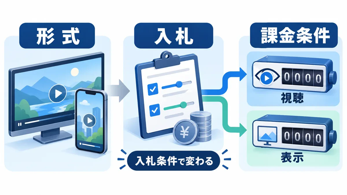 広告形式から入札条件を確認し、視聴または表示による課金へ分かれる関係