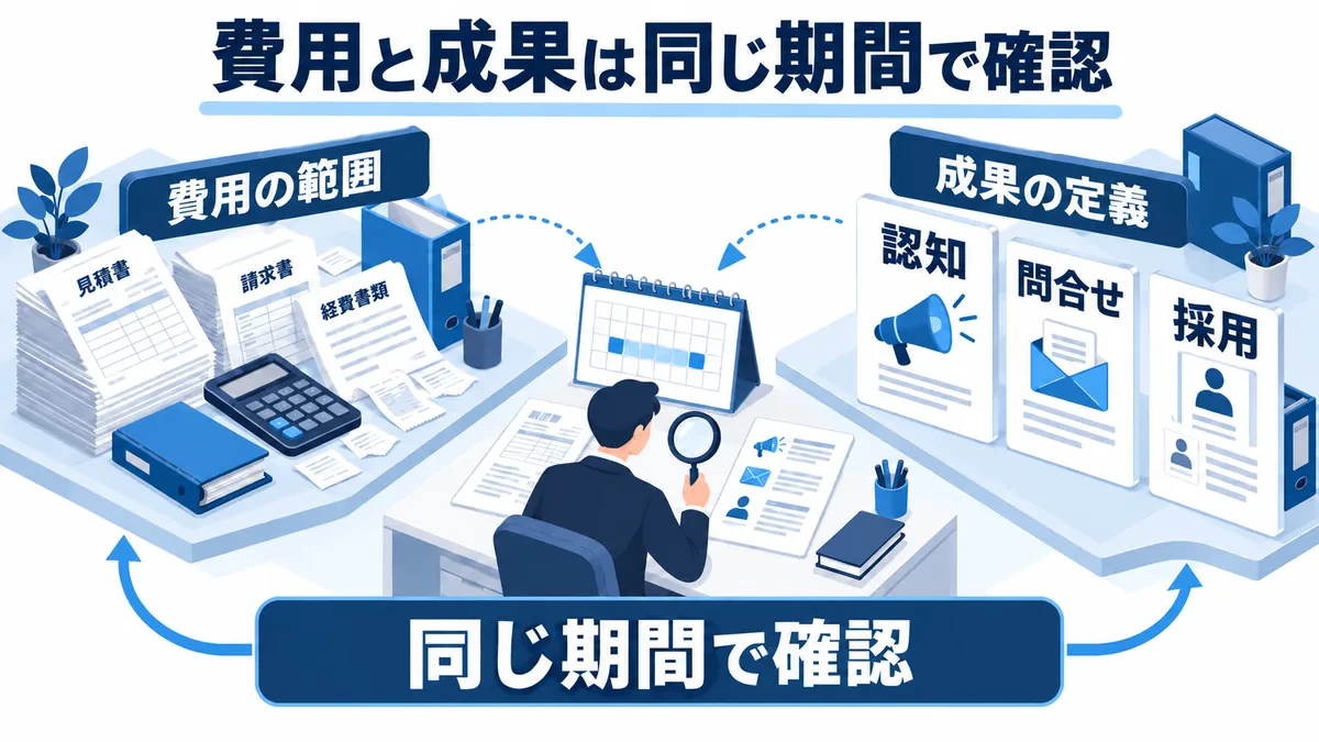 費用の範囲と認知・問い合わせ・採用の成果を、同じ期間で照合する考え方。