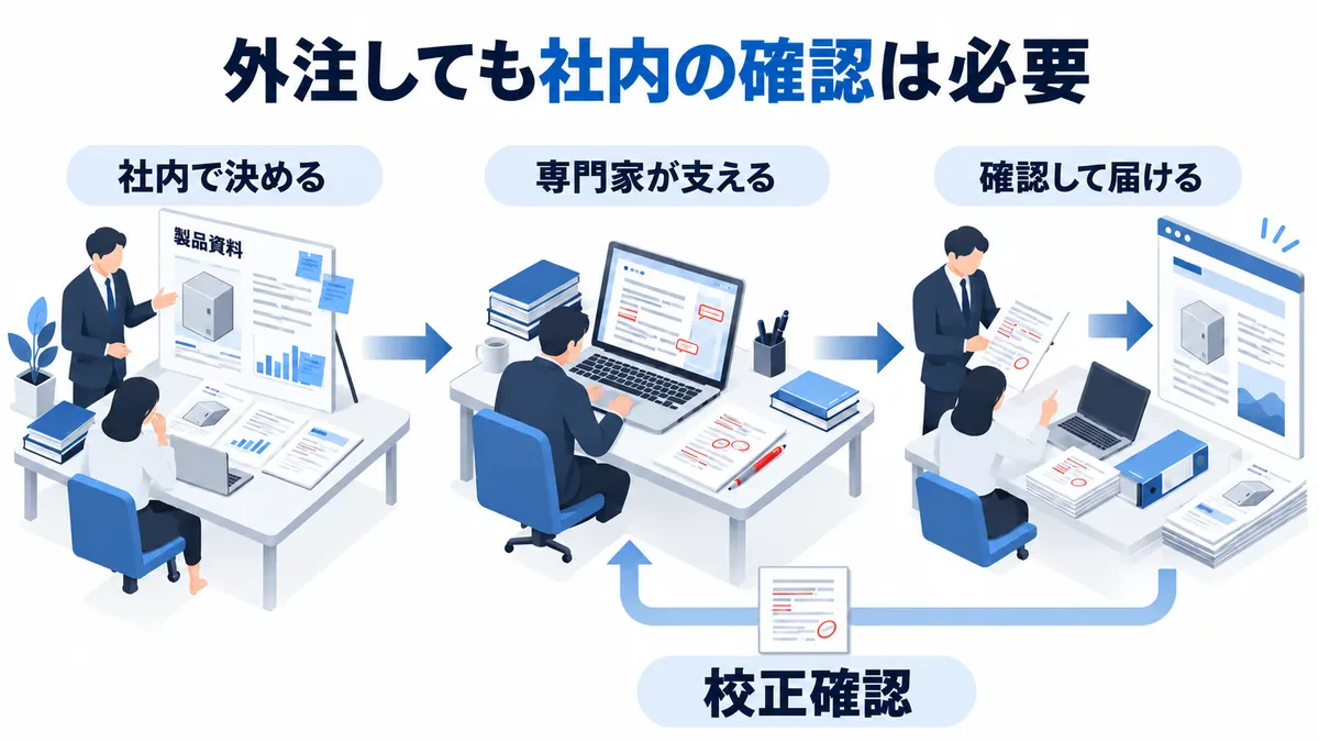 社内の専門情報を外部の編集担当へ渡し、校正確認を経て公開する受け渡し。