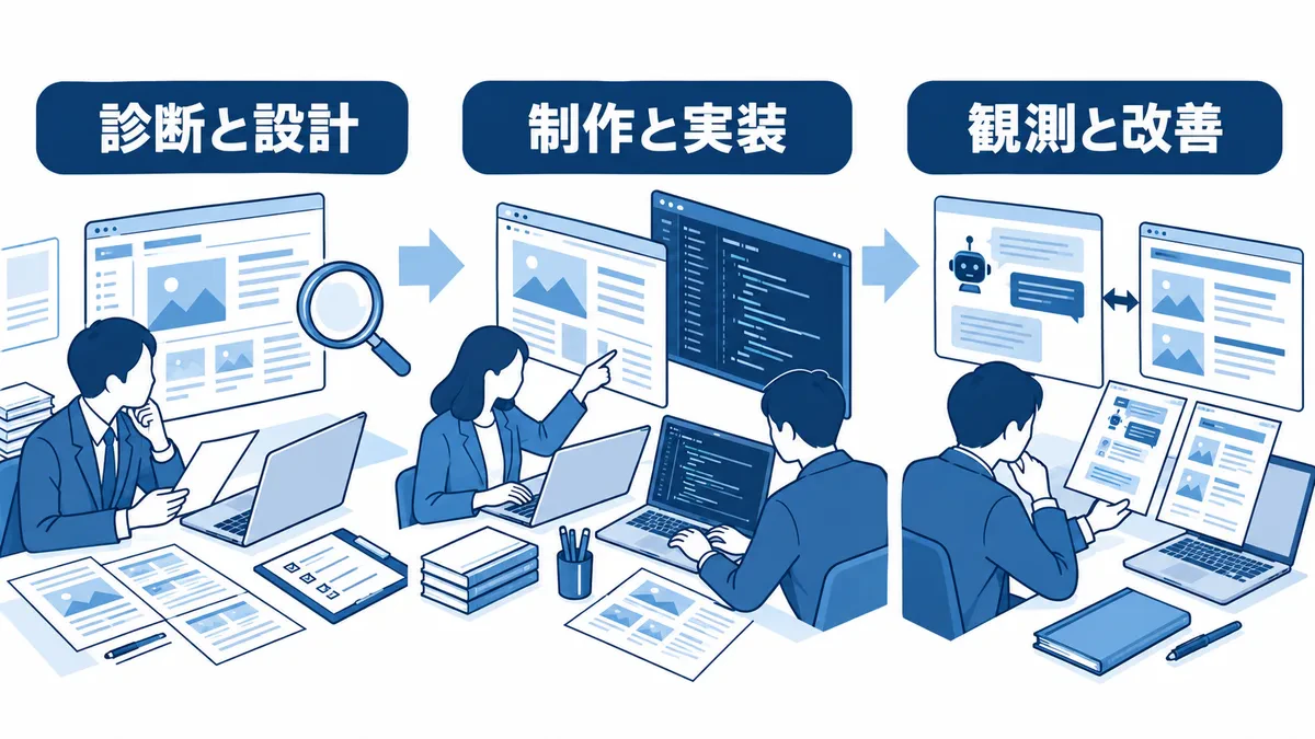 サイトを診断し、制作と実装を経て、回答の観測と改善へ進む作業の受渡し