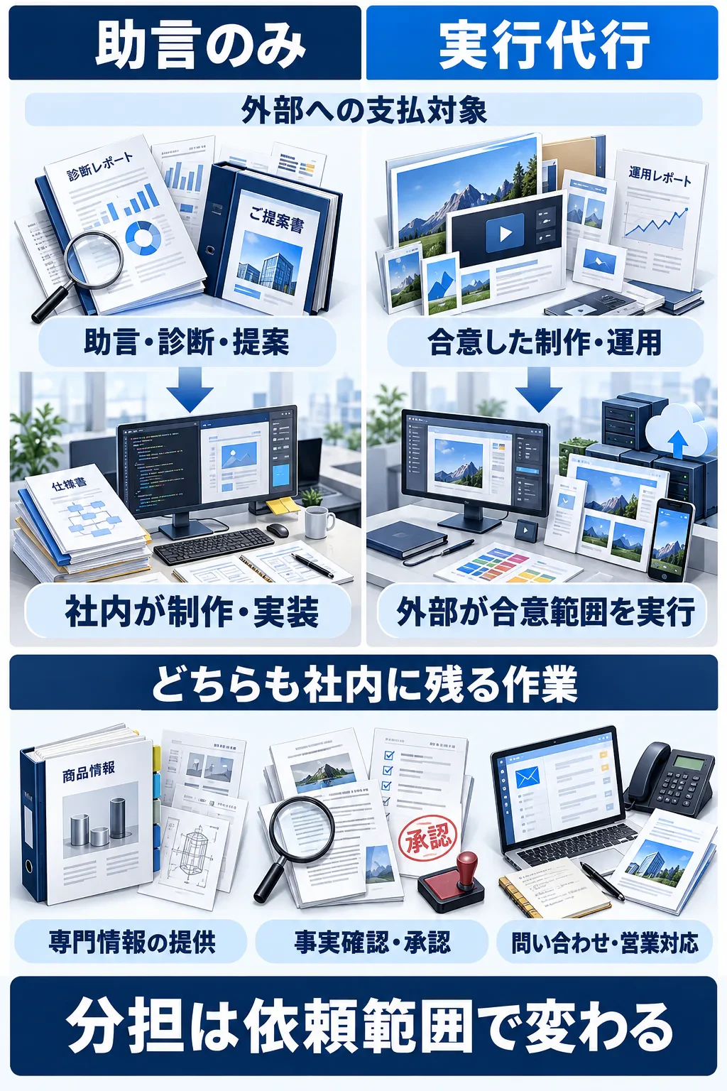 助言のみと実行代行の支払対象と実行担当を比較。どちらも社内には情報提供、事実確認・承認、問い合わせ・営業対応が残る。