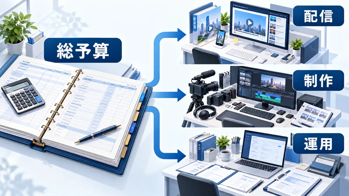 総予算から、広告の配信・動画制作・運用の費用へ分かれる関係