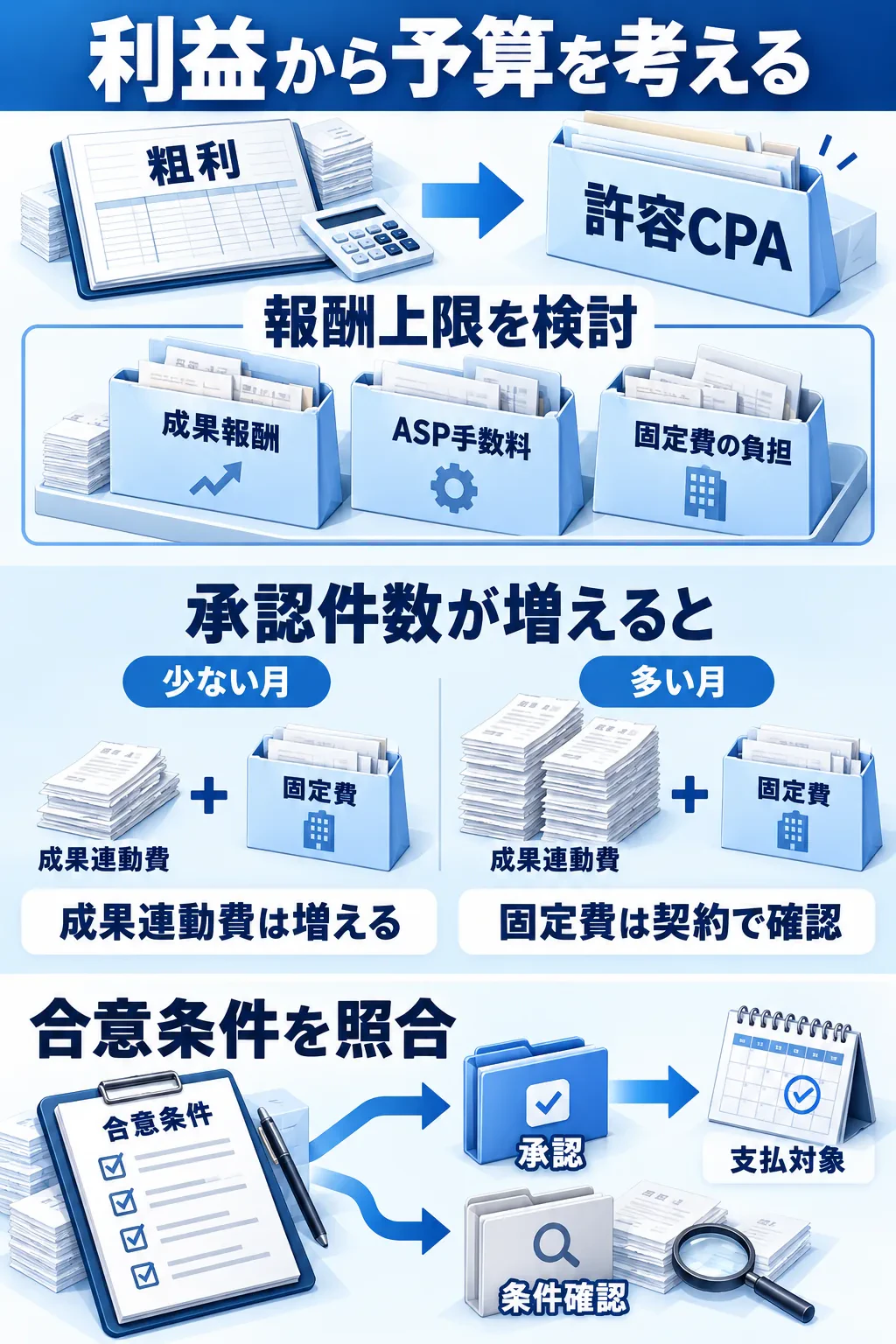 粗利から許容CPAを考え、成果報酬・ASP手数料・固定費の負担を含めて報酬上限を検討する図。承認件数が少ない月と多い月で成果連動費の束を比較し、固定費は契約で確認。合意条件の照合は承認と条件確認に分かれ、承認から支払対象へつながる。