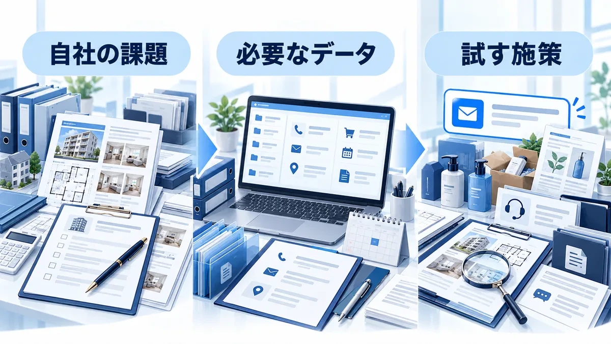 自社の課題を整理して必要なデータを確認し、試す施策を選ぶ図