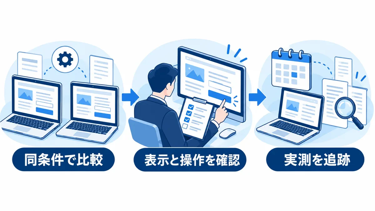 同条件の前後比較、表示と操作の確認、後日の実測追跡を結ぶ図