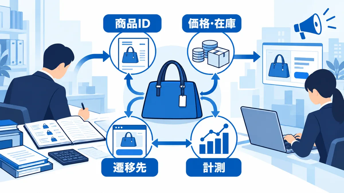 商品台帳と広告表示を照合し、商品ID、価格・在庫、遷移先、計測の対応を確認する
