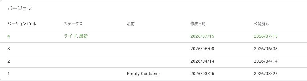 版とステータス、作成日時、公開済み日付が並ぶバージョン一覧