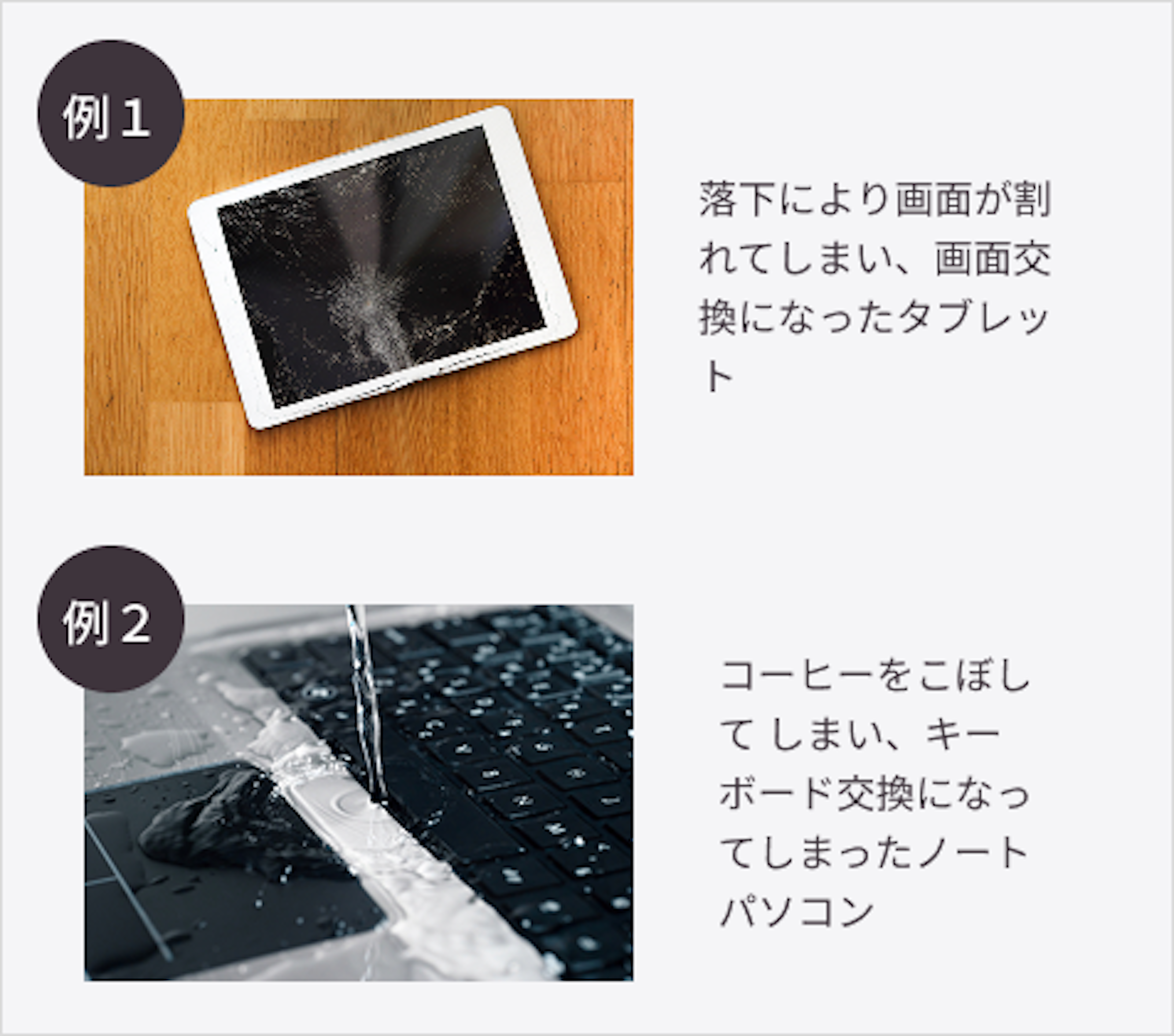 保証対象の例 例1. 落下により画面が割れてしまい、画面交換になったタブレット。 例2. コーヒーをこぼしてしまい、キーボード交換になってしまったノートパソコン。