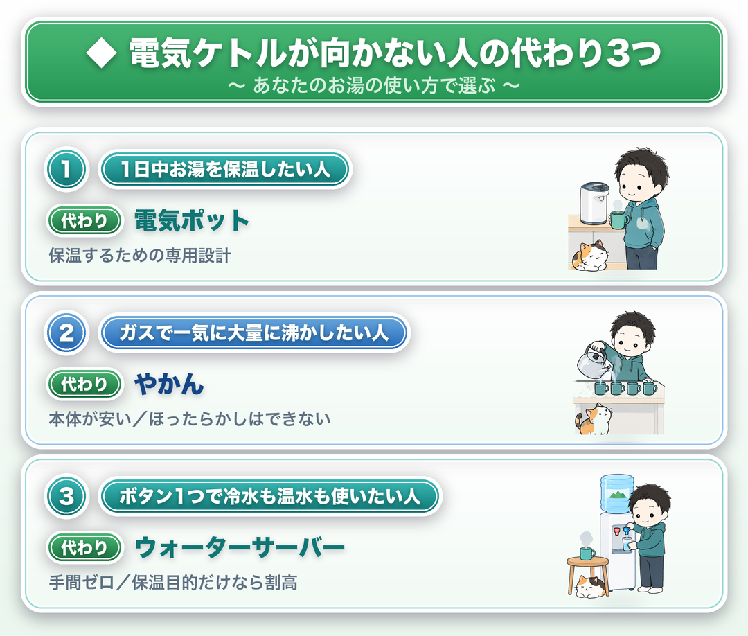 電気ケトルが向かない人の代わり3つ：①1日中お湯を保温したい人→電気ポット（保温するための専用設計）、②ガスで一気に大量に沸かしたい人→やかん（本体が安い／ほったらかしはできない）、③ボタン1つで冷水も温水も使いたい人→ウォーターサーバー（手間ゼロ／保温目的だけなら割高）。