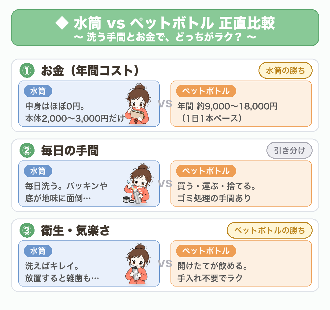 水筒vsペットボトルの正直比較:①お金(年間コスト)は水筒の勝ち(中身ほぼ0円 vs 年間約9,000〜18,000円)②毎日の手間は引き分け③衛生・気楽さはペットボトルの勝ち。年間コストは1日1本・500mlあたり約25〜50円で試算した目安(2026年7月時点)