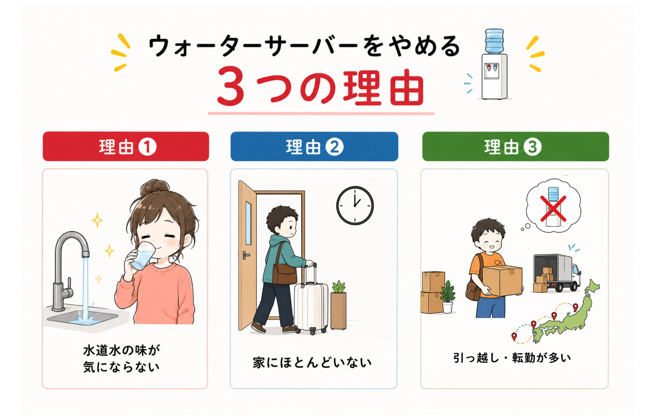 ウォーターサーバーをやめる3つの理由(水道水の味が気にならない・家にほとんどいない・引っ越しや転勤が多い)