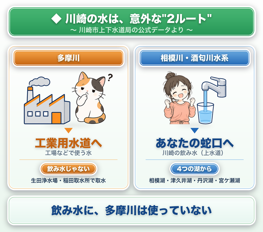 川崎の水は意外な2ルート：多摩川は工業用水道へ（飲み水じゃない）、蛇口の飲み水は相模川・酒匂川水系の4つの湖から（川崎市上下水道局データより）