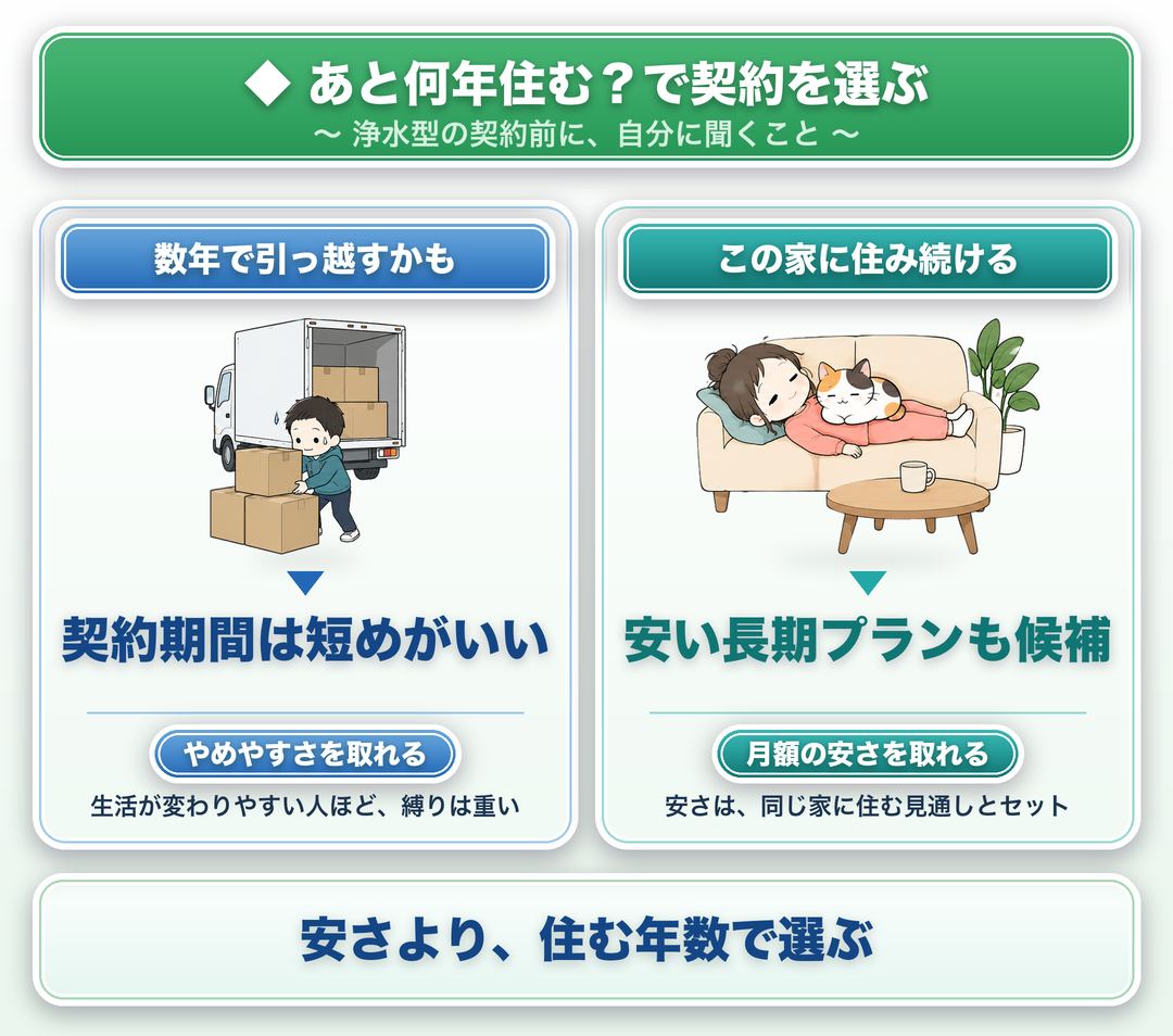 浄水型ウォーターサーバーの契約は「あと何年住むか」で選ぶ：数年で引っ越すかもしれない人は契約期間は短めがいい（やめやすさを取れる）。この家に住み続ける人は安い長期プランも候補（安さは同じ家に住む見通しとセット）。安さより、住む年数で選ぶ。