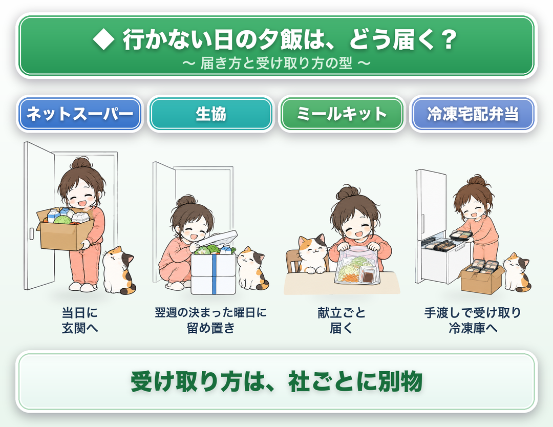 行かない日の夕飯はどう届く?届き方と受け取り方の型:ネットスーパー=当日に玄関へ/生協=翌週の決まった曜日に留め置き/ミールキット=献立ごと届く/冷凍宅配弁当=手渡しで受け取り冷凍庫へ。受け取り方は、社ごとに別物