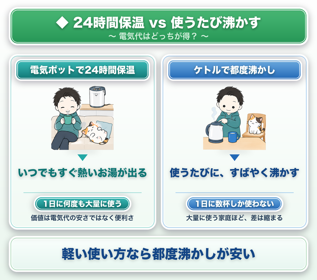 24時間保温と使うたび沸かす、電気代はどっちが得か:電気ポットで24時間保温はいつでもすぐ熱いお湯が出る便利さ、ケトルで都度沸かしは使うたびにすばやく沸かす。軽い使い方なら都度沸かしが安い。