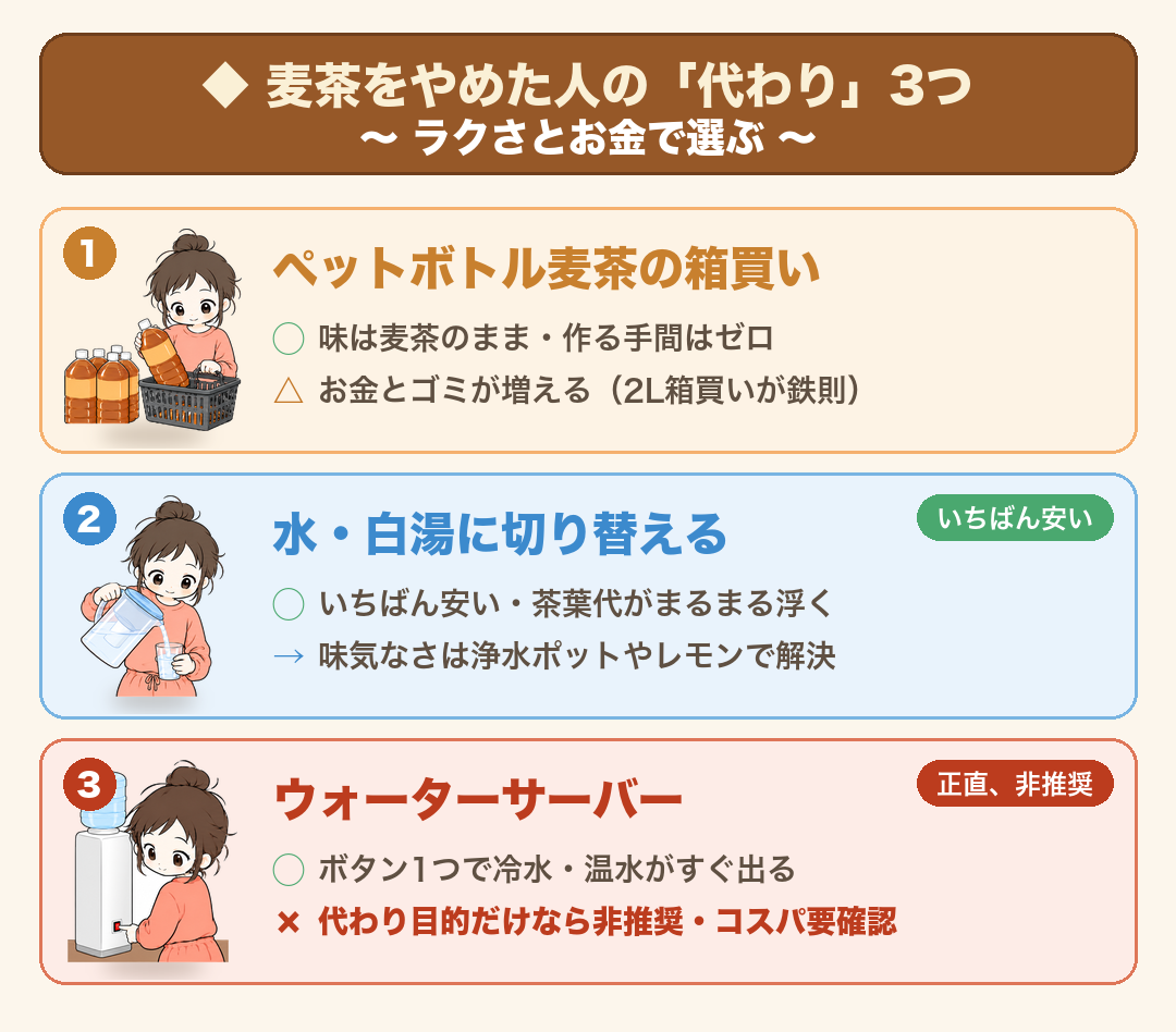 麦茶をやめた人の代わり3つの比較:①ペットボトル麦茶の箱買い(味そのまま・手間ゼロ/お金とゴミが増える・2L箱買いが鉄則)②水・白湯に切り替え(いちばん安い・茶葉代が浮く/味気なさは浄水ポットやレモンで解決)③ウォーターサーバー(ボタン1つで冷温水/麦茶の代わり目的だけなら非推奨・コスパ要確認)