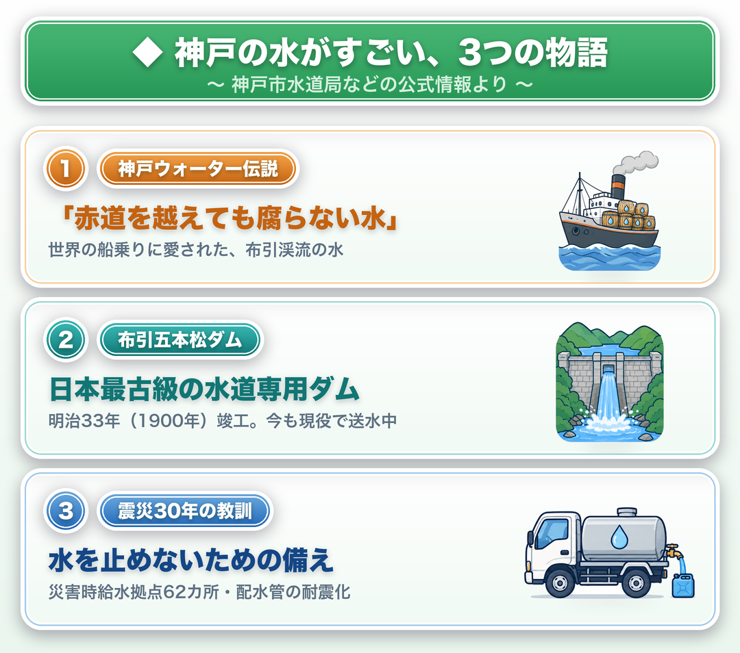 神戸の水の3つの物語:赤道を越えても腐らない神戸ウォーター伝説・日本最古級の布引五本松ダム(明治33年)・震災30年の教訓(給水拠点62カ所/神戸市公式より)