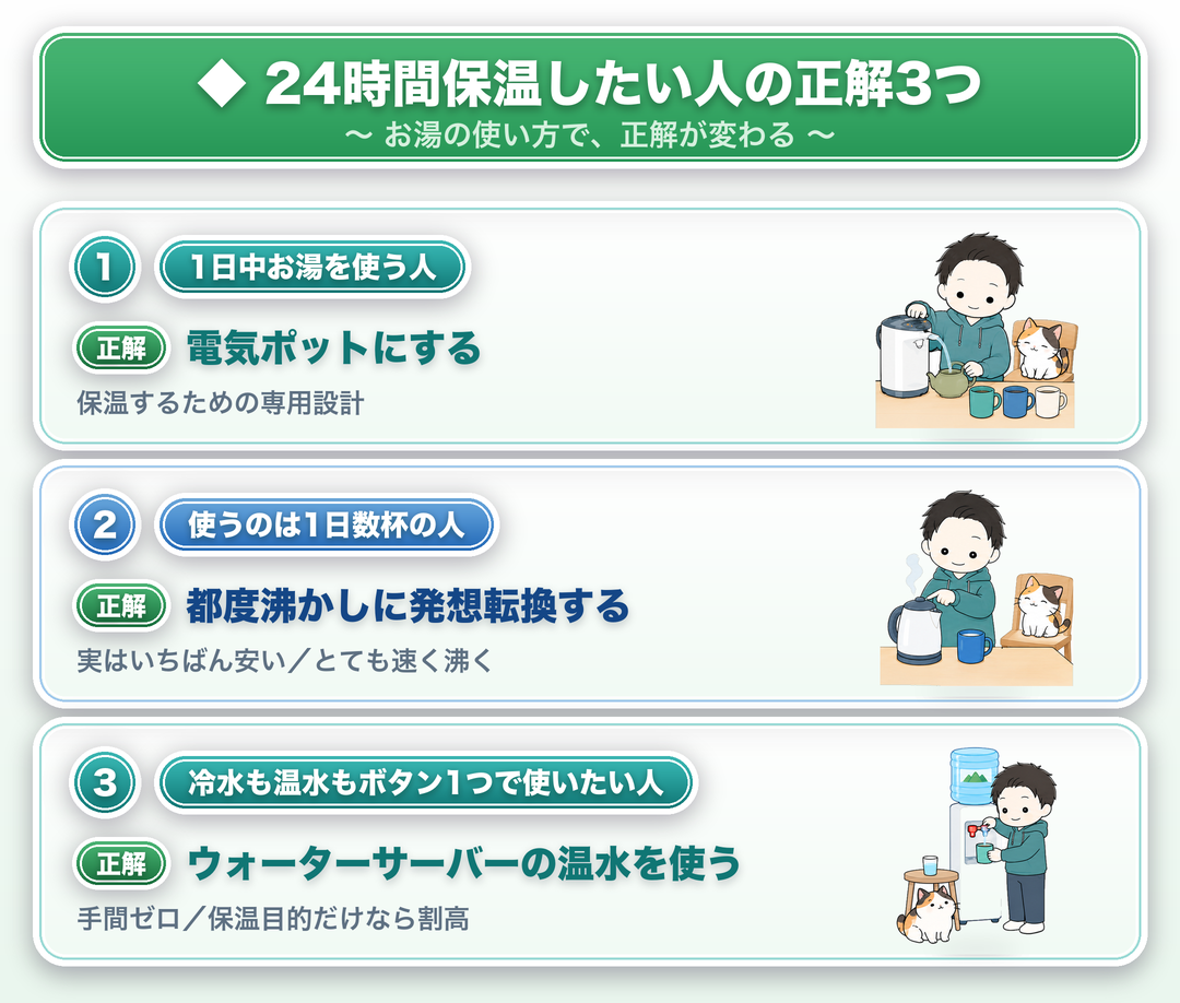 24時間保温したい人の正解3つ:①1日中お湯を使う人→電気ポットにする(保温するための専用設計)、②使うのは1日数杯の人→都度沸かしに発想転換する(実はいちばん安い/とても速く沸く)、③冷水も温水もボタン1つで使いたい人→ウォーターサーバーの温水を使う(手間ゼロ/保温目的だけなら割高)。