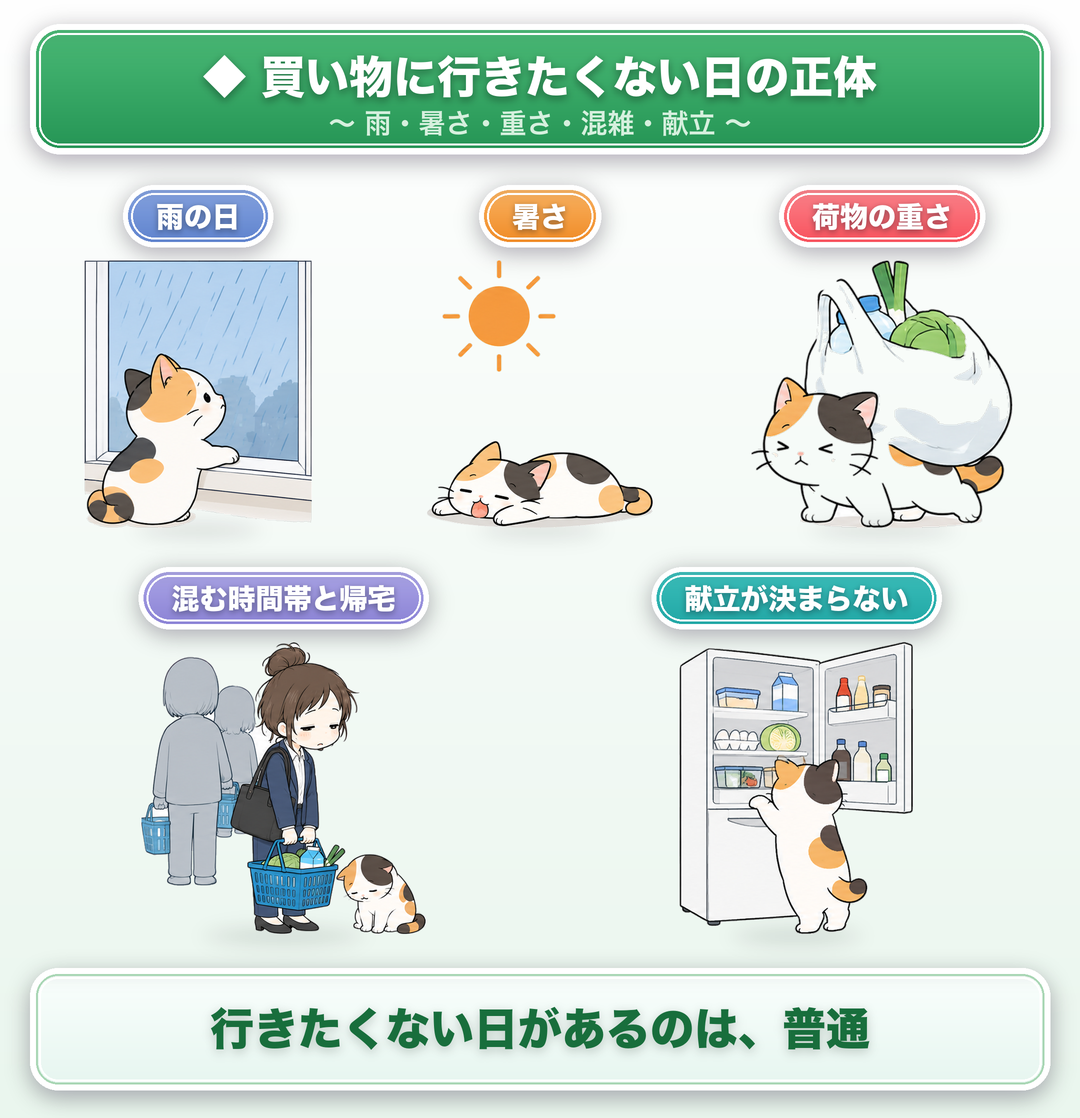 買い物に行きたくない日の正体:雨の日・暑さ・荷物の重さ・混む時間帯と帰宅・献立が決まらない。行きたくない日があるのは、普通