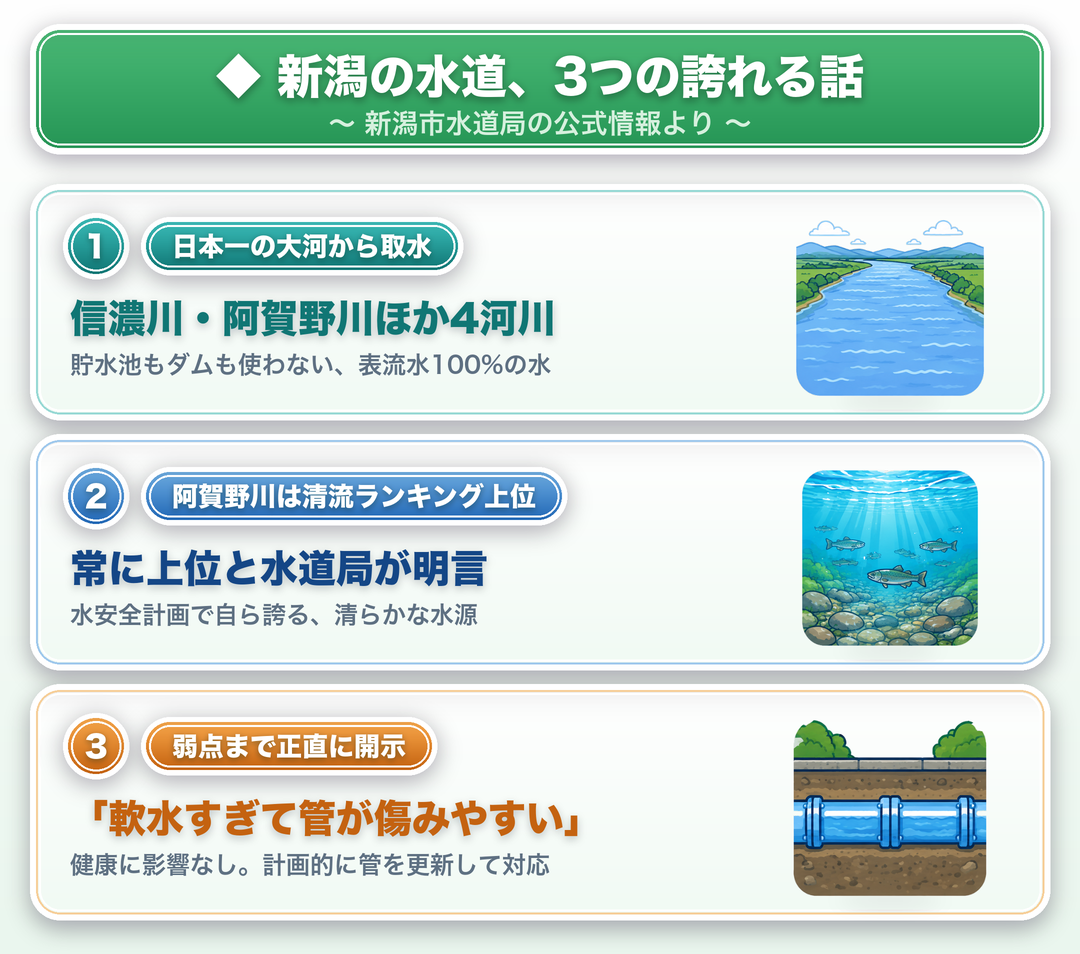 新潟の水道の3つの誇れる話:日本一の大河・信濃川や阿賀野川ほか4河川から取水(表流水100%)・阿賀野川は清流ランキング上位と水道局が明言・軟水すぎて管が傷みやすい弱点まで正直に開示し計画的に更新(新潟市水道局公式より)