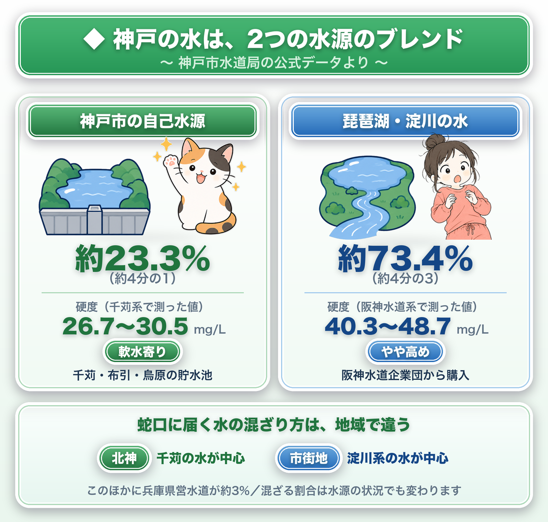 神戸の水道水の水源は、神戸市の自己水源（約23.3%・千苅系で測った硬度26.7〜30.5mg/L）と琵琶湖・淀川の水（約73.4%・阪神水道系で測った硬度40.3〜48.7mg/L）。蛇口に届く水の混ざり方は地域で違い、北神は千苅の水、市街地は淀川系の水が中心。このほかに兵庫県営水道が約3%（神戸市水道局データより）