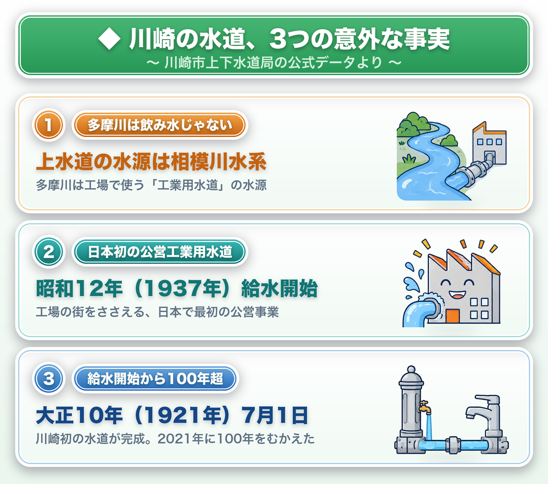川崎の水道の3つの意外な事実:多摩川は飲み水じゃない・日本初の公営工業用水道(昭和12年)・給水開始から100年超(大正10年から/川崎市上下水道局公式より)