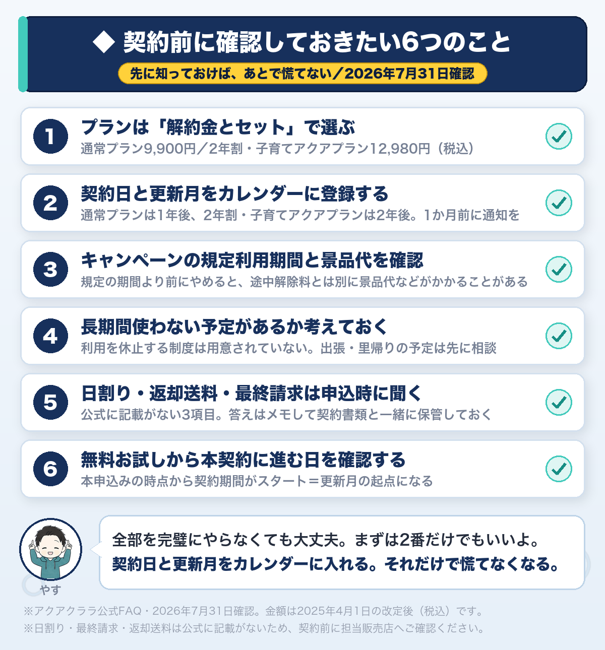 アクアクララを契約する前に確認しておきたい6つのことチェックリスト（プラン選び・更新月のカレンダー登録・キャンペーン規定・休止制度・日割りなどの確認・無料お試しからの本契約日）