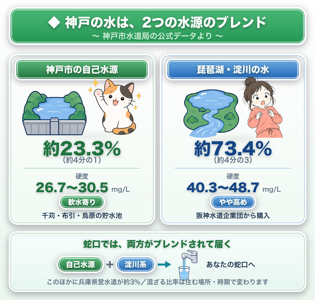 神戸の水道水は神戸市の自己水源（約23.3%・硬度26.7〜30.5mg/L）と琵琶湖・淀川の水（約73.4%・硬度40.3〜48.7mg/L）のブレンド（神戸市水道局データより）