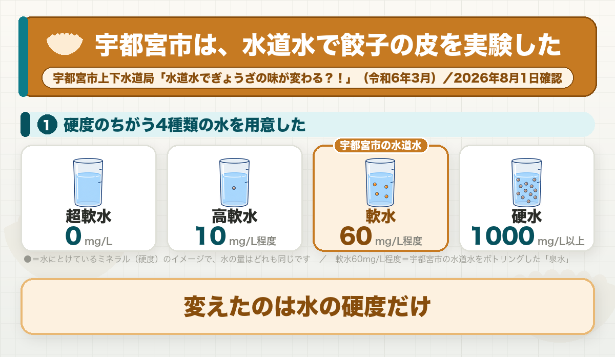 宇都宮市が水道水で餃子の皮を実験した流れ。硬度0・10・60・1000mg/L以上の4種類の水で、強力粉80g薄力粉60g水80mLから直径8.5cm厚さ2mmの皮を作り、テクスチャーアナライザーで硬さと伸びを測定。軟水（水道水）の生地は最も成型しやすく、茹で皮は噛みやすく、焼き皮はもっちりした食感になった