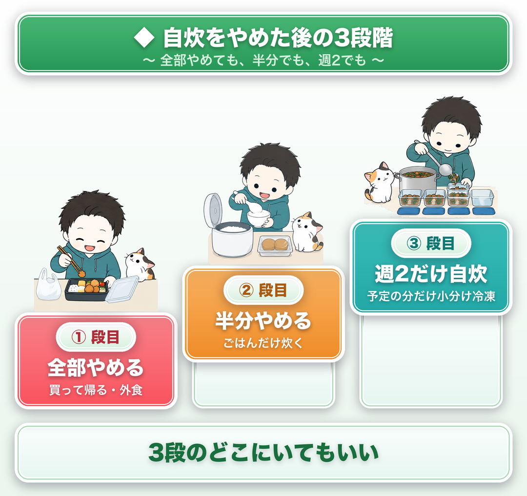 自炊をやめた後の3段階:①全部やめる(買って帰る・外食)②半分やめる(ごはんだけ炊く)③週2だけ自炊(予定の分だけ小分け冷凍)。3段のどこにいてもいい