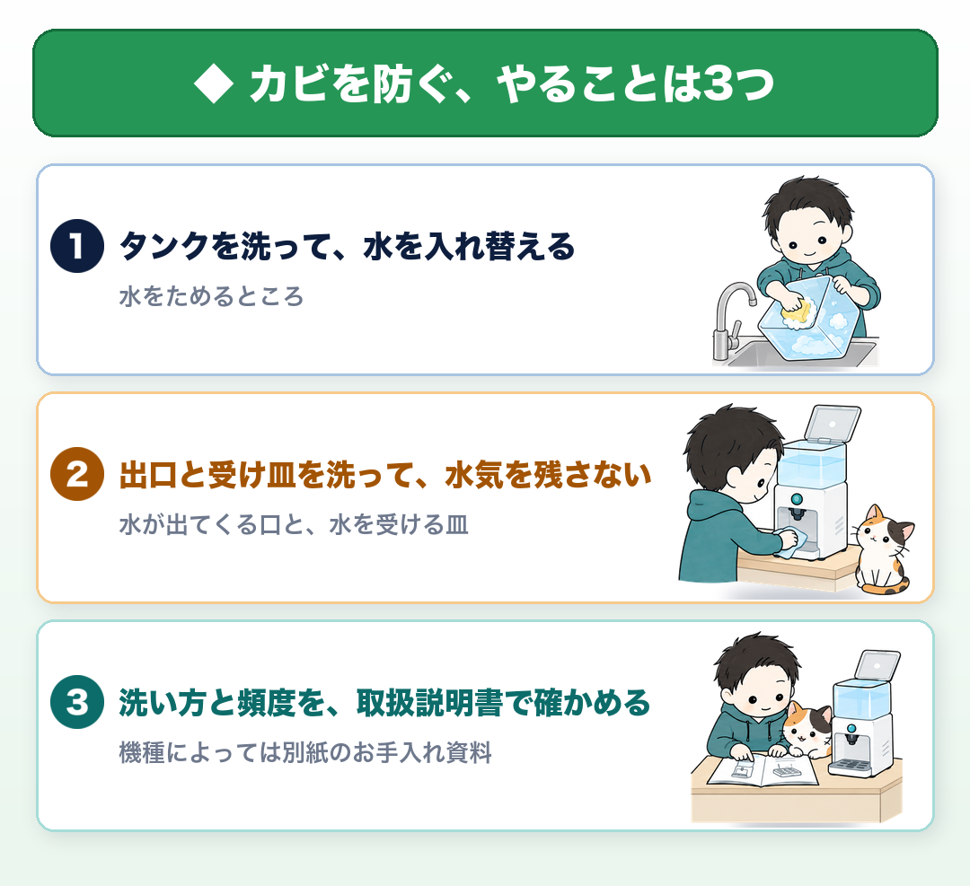 カビを防ぐ、やることは3つ。1.タンクを洗って、水を入れ替える(水をためるところ)。2.出口と受け皿を洗って、水気を残さない(水が出てくる口と、水を受ける皿)。3.洗い方と頻度を、取扱説明書で確かめる(機種によっては別紙のお手入れ資料)。