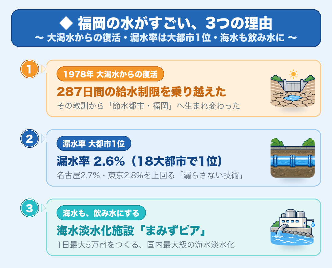 福岡の水道の3つの武器：1978年大渇水からの復活・漏水率2.6%で大都市1位・海水淡水化施設まみずピア