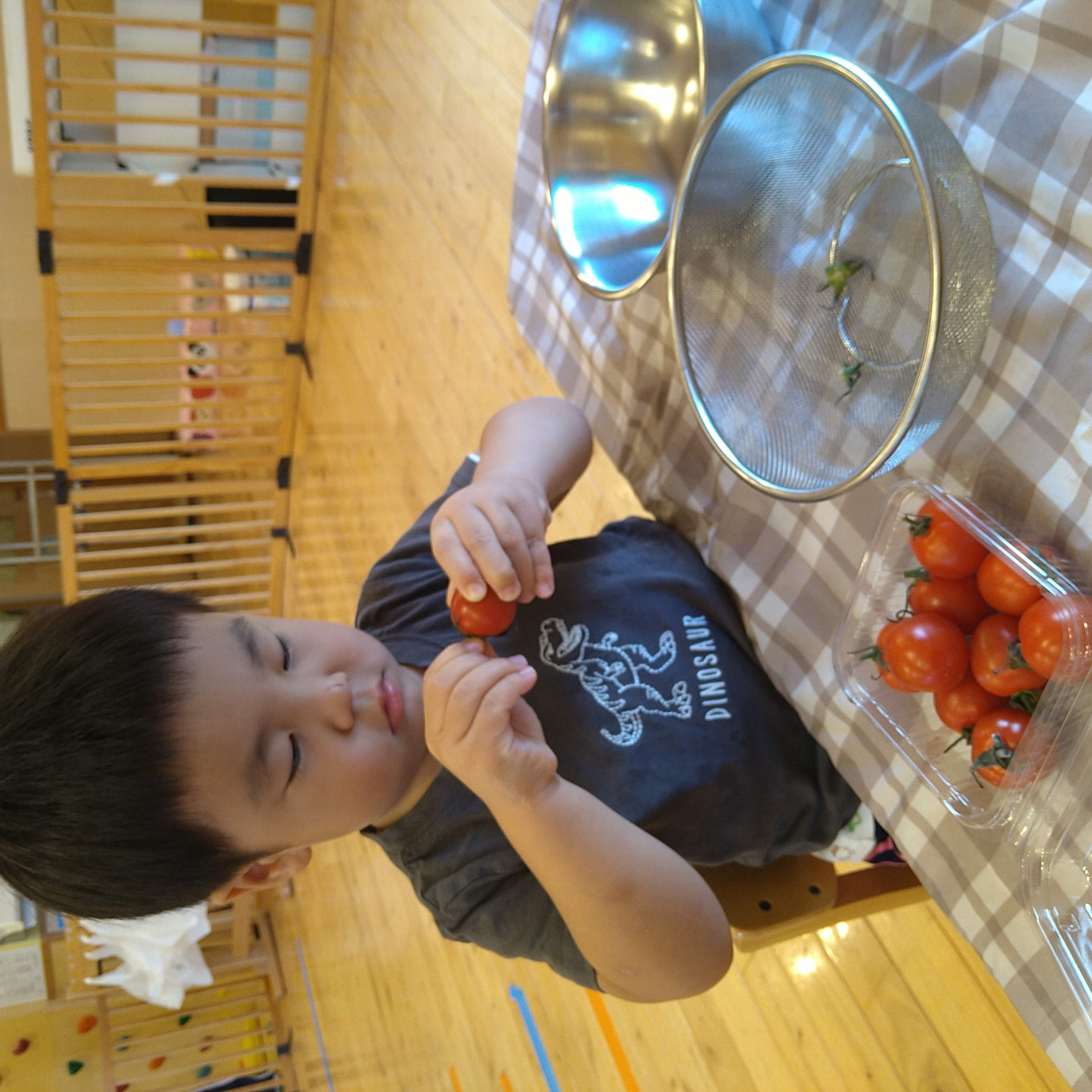 トマトを片手で持ちへたの位置を見つめる子ども