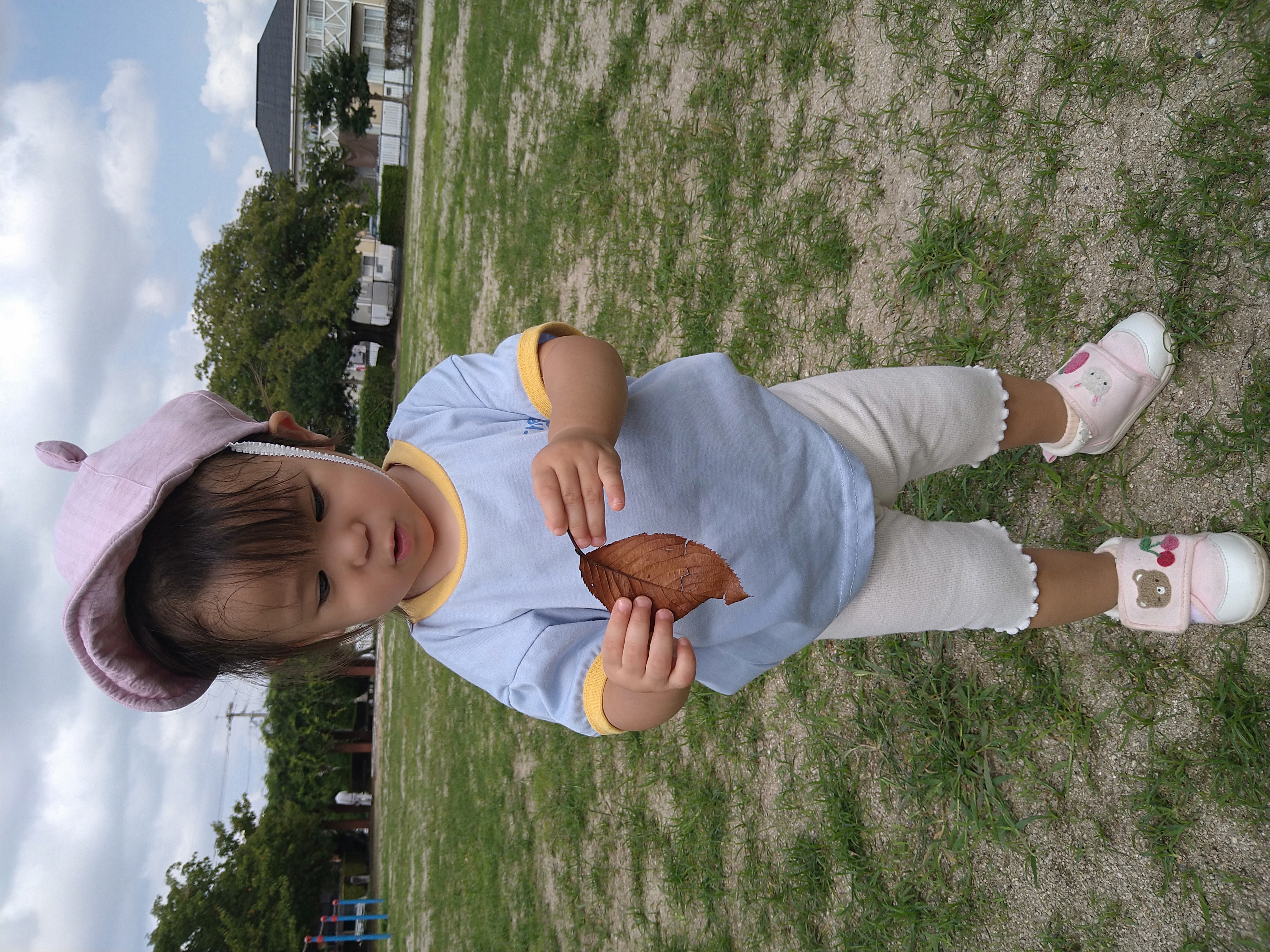 拾った茶色い葉を両手で持ち指先で触れる子ども